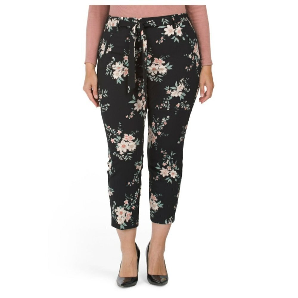 NWT J&L WHITE Women's Plus High Rise Floral Print Techno Crepe Tie Belt Pull On
